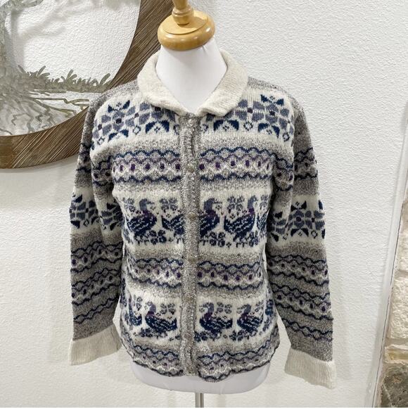 Vintage Bebhinn Marten Irish Wool Cardigan Sweater Fair Isle Bird P XS - Picture 1 of 7